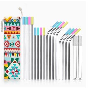 Set of 16 stainless steel straws & accessories